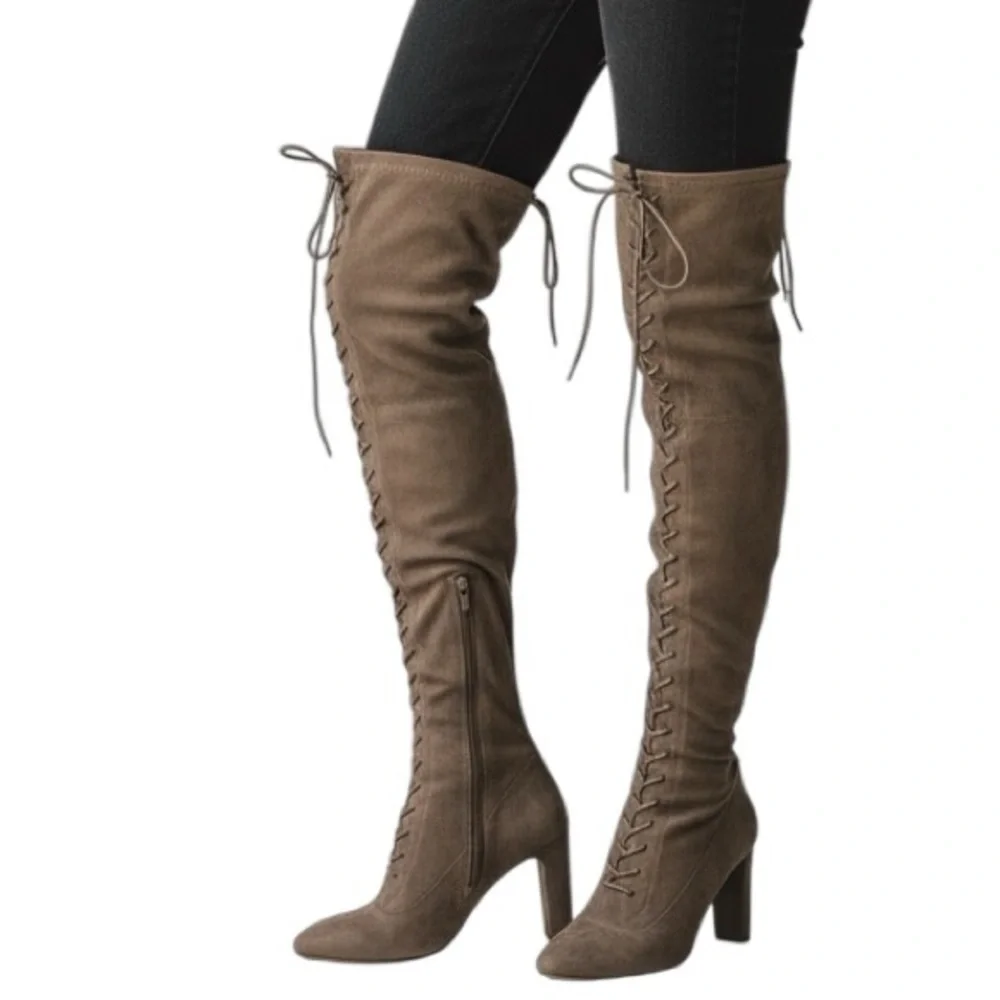 WILD DIVA Faux Suede Lace Up Front Over the Knee Heeled Boots Size 7 Brown